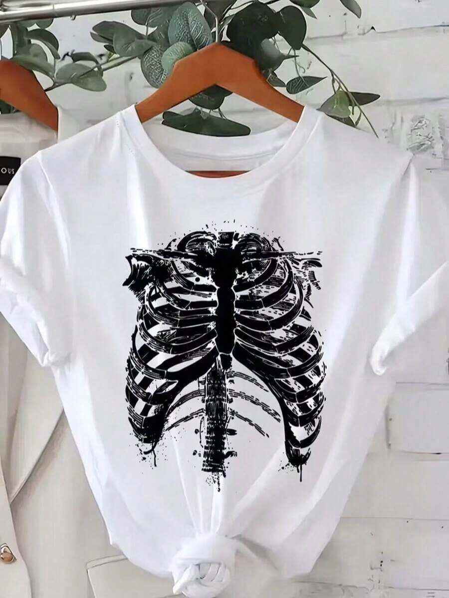 Women's T-Shirt, Skull Torso, Short Sleeve, Round Neck, 2025 Fashion, Breathable. Women's Urban Style Skeleton Print Loose Fit Round Neck Short Sleeve Spring Summer Casual T-Shirt - 白色背景上的黑色骷髏 - 查看 1