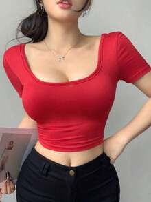 Camiseta informal de manga corta de mujer de ajuste ceñido de unicolor con cuello redondo, tops cortos de mujer - Rojo - Ver 2