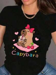 Women's Basic T-Shirt, Round Neck, Short Sleeve, Graphic Print, CAPYBARA BOW HEARTS, Graphic Casual Cotton, Comfortable, Modern Style, Soft Texture, Fortiz - 黑色 - 查看 1