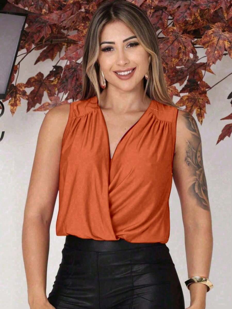 Women's Tank Top In Supplex Fabric, Simple, Casual, Party, Crossover, Ruched, Asymmetrical, Evening. - 紅陶 - 查看 1