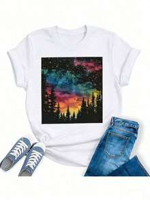 100% Cotton Women's Hiking T-Shirt, For Mountain, Camping, Nature, With Pine And Sunrise Print, Short Sleeve, Regular Fit, Comfortable Cotton Graphic Tees. - 白色 - 查看 6