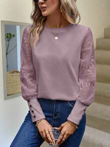 Blusa de mujer con mangas de encaje floral, parches y tejido de gofre, color blanco - Morado - Ver 1