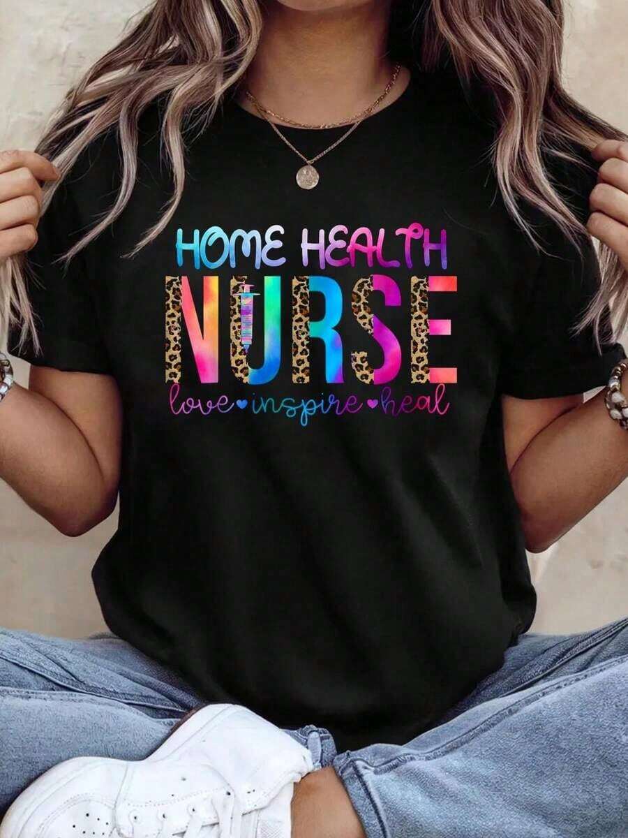 100% cotton Camiseta de acuarela "Enfermera de Salud Domiciliaria: Amor, Inspiración, Sanación" - Negro - Ver 1