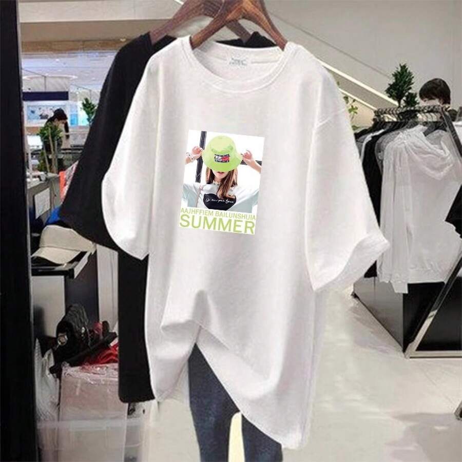 Camiseta con estampado de camisa casual para mujer, manga corta y cuello redondo, moda urbana local de primavera/verano camiseta unisex. DVHB - Blanco de 1666 - Ver 1