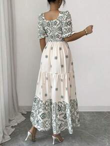 Vestido de línea A con cintura ceñida, cuello cuadrado y estampado, elegante para vacaciones, uso diario, de manga corta - Verde - Ver 2