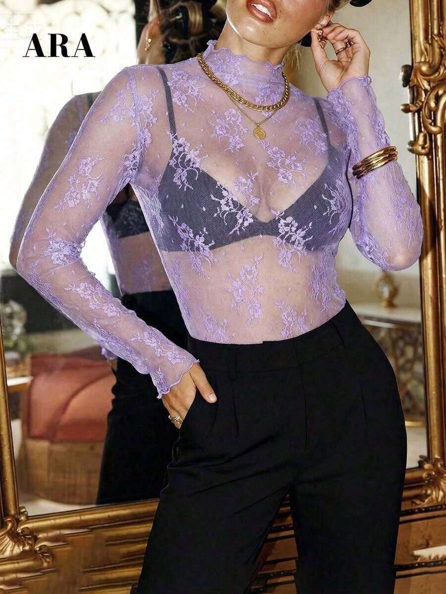 Blusa negra sexy de manga larga con encaje elástico para mujer , con cuello alto, patrón floral transparente, elegante y con capas, ideal para primavera-verano, resort y citas - Púrpura malva - Ver 1
