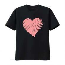 Camiseta de lino suave con estampado de corazones, linda camiseta para el Día de San Valentín, atuendo vintage lavado y transpirable con gráfico unisex - forma - Ver 1