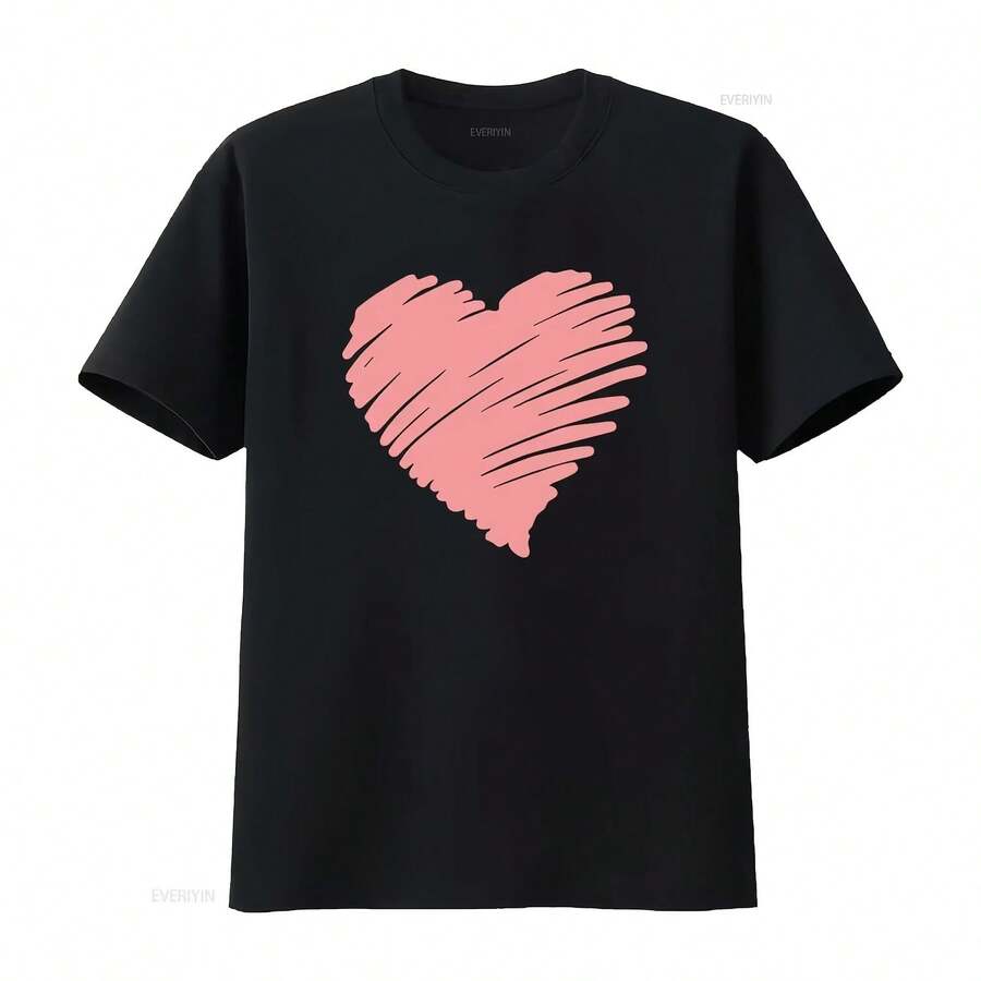 Camiseta de lino suave con estampado de corazones, linda camiseta para el Día de San Valentín, atuendo vintage lavado y transpirable con gráfico unisex - forma - Ver 1