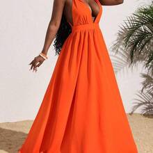 Slayr Women's Sexy Solid Orange Deep V-Neck Backless Cross Tied Long Dress, Summer Vacation - Rosa - Ver 6