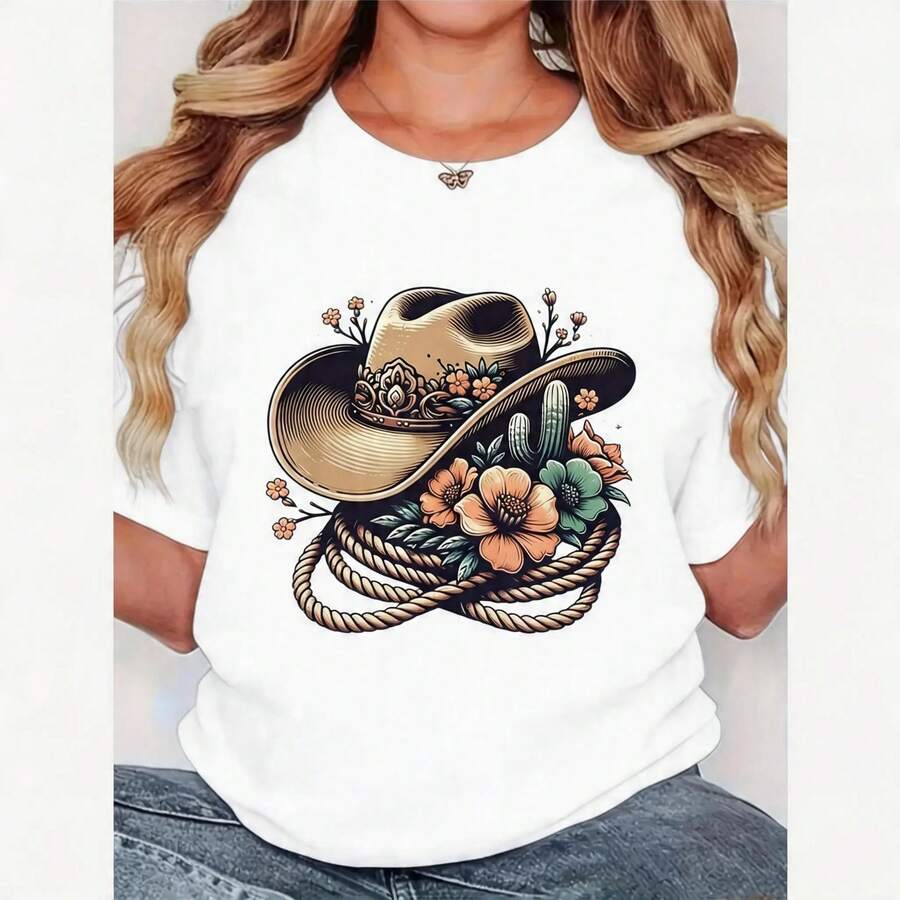 Camiseta de Mujer Retro con Estampado de Sombrero de Vaquero Floral - Camiseta Negra Estilo Occidental con Detalles de Cactus y Cuerda, Tejido Suave y Transpirable, Corte Cómodo de Manga Corta y Cuello Redondo, Lavable a Máquina, Camiseta Casual de Verano - blanco - Ver 1