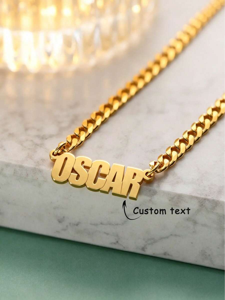 1pc Gold Cuban Chain Capital Letter Customized Name Necklace With Unique Design, Thick Cuban Chain Capital Letter Pendant With Customizable Engraving, Exclusive Titanium Steel Stainless Steel Material, Non Fading, Anti Allergy, European And American Style, Hip Hop Style, Matching Accessories For Daily Commuting - A - View 1