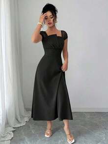 Vestido ajustado de mujer casual con parches y mangas de malla - Negro - Ver 3