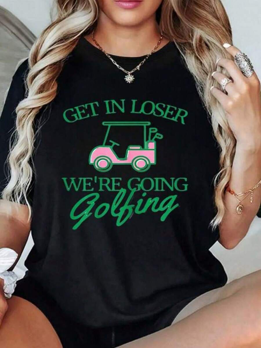 Gráfico de carrito de golf rosa y texto divertido que inspira espíritu aventurero ideal para amantes del golf y momentos de ocio camiseta para mujer 100% algodón suave y cómoda