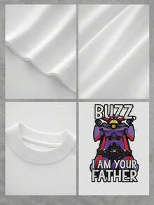 El estampado muestra a un poderoso robot galáctico que levanta los brazos proclamando Buzz I am your father" simbolizando humor y la conexión entre tecnología y imaginación perfecta para fans de la ciencia ficción camiseta de mujer  suave y cómoda para uso diario - Blanco - Ver 4