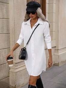 Vestido de trabajo de estilo camisa blanca para mujeres, primavera - Azul y blanco - Ver 10