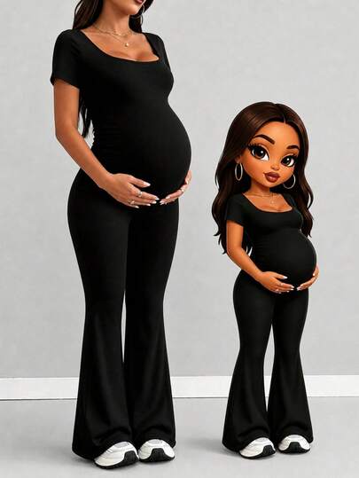 Parara Maternity Short Sleeve Jumpsuit, Tight And Comfortable Casual Outfit For All Seasons, Sporty Casual Style, Suitable For Dates, Daily Wear, Halloween, And Home Wear Black Summer