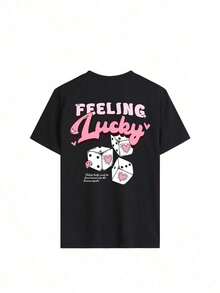 Lucky Dice Print T-Shirt, Y2K Aesthetic Graphic Tee, Casual Short Sleeve T-Shirt With A Lucky Retro Vibe, Summer Black Streetwear Style Top - 黑色 - 查看 2
