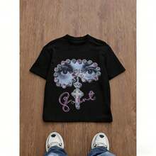 Camiseta de Hombre de Corte Holgado con Estampado Gráfico, Estilo Y2K, Patrón de Ojo Cruzado con Adornos de Gemas, Ropa Casual para Todas las Temporadas, Moda Urbana Unisex NV0J - Negro - Ver 1