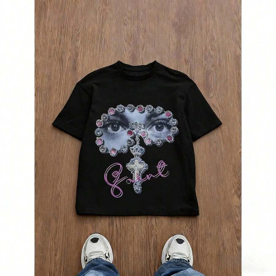 Camiseta de Hombre de Corte Holgado con Estampado Gráfico, Estilo Y2K, Patrón de Ojo Cruzado con Adornos de Gemas, Ropa Casual para Todas las Temporadas, Moda Urbana Unisex NV0J - Negro - Ver 1