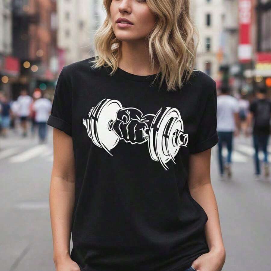 Women's Graphic Print Cotton T-Shirt, Short Sleeve, Round Neck, Dumbbell Print, Casual Loose Fit, Sizes S-5XL, Soft And Breathable Pure Cotton Blouse, Sports Fashion For Gym And Training, Basic T-Shirt For Daily Wear, Suitable For Spring, Summer And Autumn. - 黑色 - 查看 1