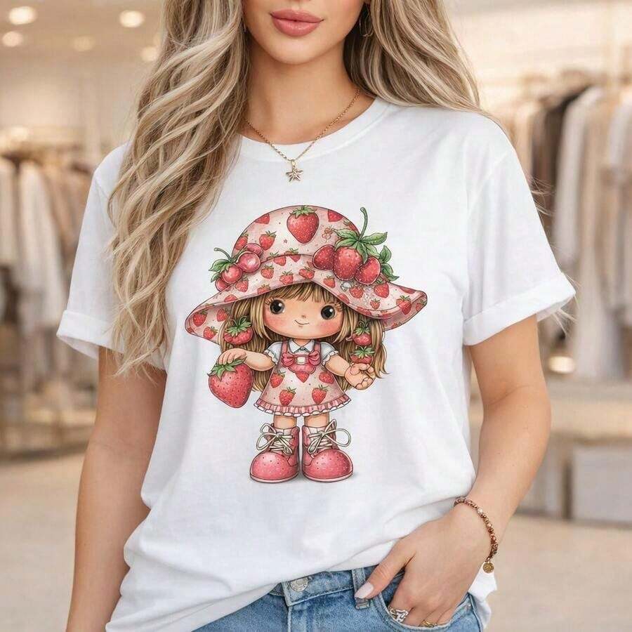 Women's Plus Size Strawberry Girl Print Cotton T-Shirt, Loose Fit, Short Sleeve, Casual Daily Wear, Sizes M-5XL, Soft And Comfortable Summer Top, Cartoon Graphic T-Shirt For Ladies, Suitable For Spring, Summer And Autumn. - 白色 - 查看 1