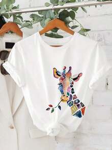Women's Casual T-Shirt, White, Round Neck And Short Sleeve, With Colorful Giraffe Art Print, Loose Fit, Breathable And Comfortable, Suitable For Casual Daily Wear, Commuting And Outings, Versatile And Stylish, Can Be Worn As A Base Layer Or Alone, Made Of 100% Cotton, Durable - 白色 - 查看 2