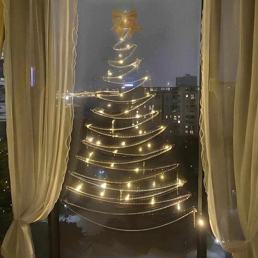 Christmas Tree String Lights Glass Background Wall Pearl Bow Decor Lights Party Gathering Atmosphere Props