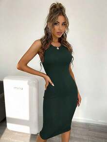 Vestido casual de mujer de unicolor, acanalado y ajustado sin mangas - Verde Claro - Ver 4