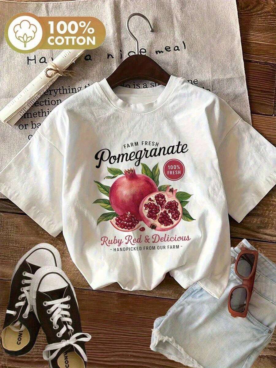1 Piece Of Summer Clothing - Women's Spring-Summer Casual T-Shirt - Soft Pink, 100% Cotton, Short Sleeve - Relaxed Fit, Watercolor Pomegranate And Berry Print - Country Style Design - Everyday Style - Machine Washable - Seasonal Wardrobe Essential - Fun Print T-Shirt - Comfortable Material - Pink T-Shirt For Everyday Wear - Spring Outfits For Women - Unisex, Suitable For Casual Daily Outings, Short Sleeve Summer T-Shirt, Retro Y2K Print T-Shirt. - 白色 - 查看 1