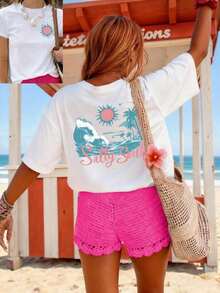 Premium Graphic Print Off-Shoulder T-Shirt, Short Sleeve, Crew Neck, Casual Spring And Summer Style, Women's Clothing, White, , For Vacation - 白色 - 查看 1
