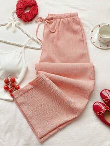 Pantalones casuales anchos con cintura de corbata y estampado de lunares para mujer - Rojo - Ver 6