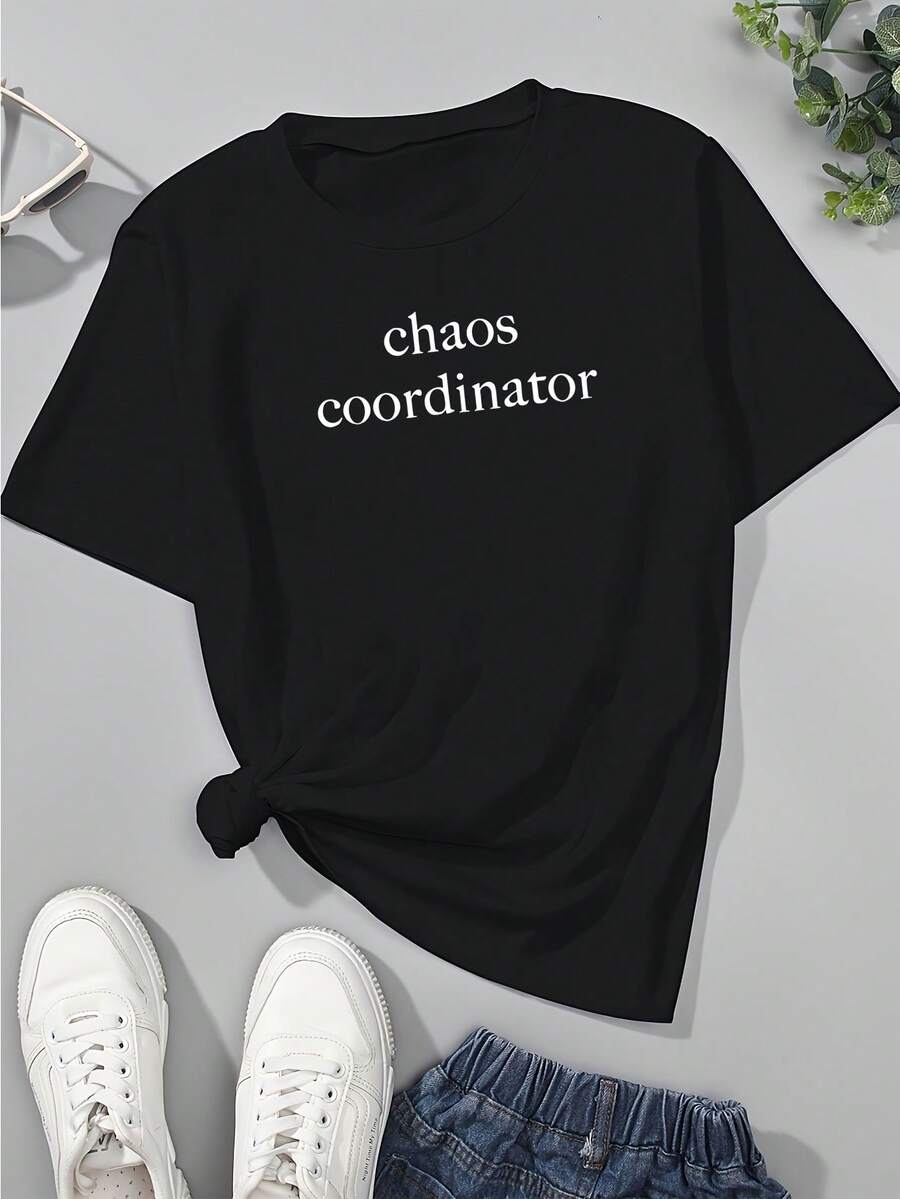 Camisetas de Mujer con Estampado de Letras, Camisetas de Colores Cómodas, Estilo Casual - Negro - Ver 1