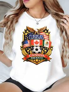 águila dorada sobre escudos de Estados Unidos Canadá y México rodeada de estrellas simbolizando unión fuerza deportiva y orgullo continental camiseta de mujer elegante casual cómoda para uso diario - Blanco - Ver 8