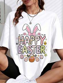Modern And Minimalist Graphic Tee With Easter Bunny Ears And Basket Of Eggs For Women, Cute Easter Tee For Spring Holidays, Easter Gift, Casual Everyday Top - 白色 - 查看 7