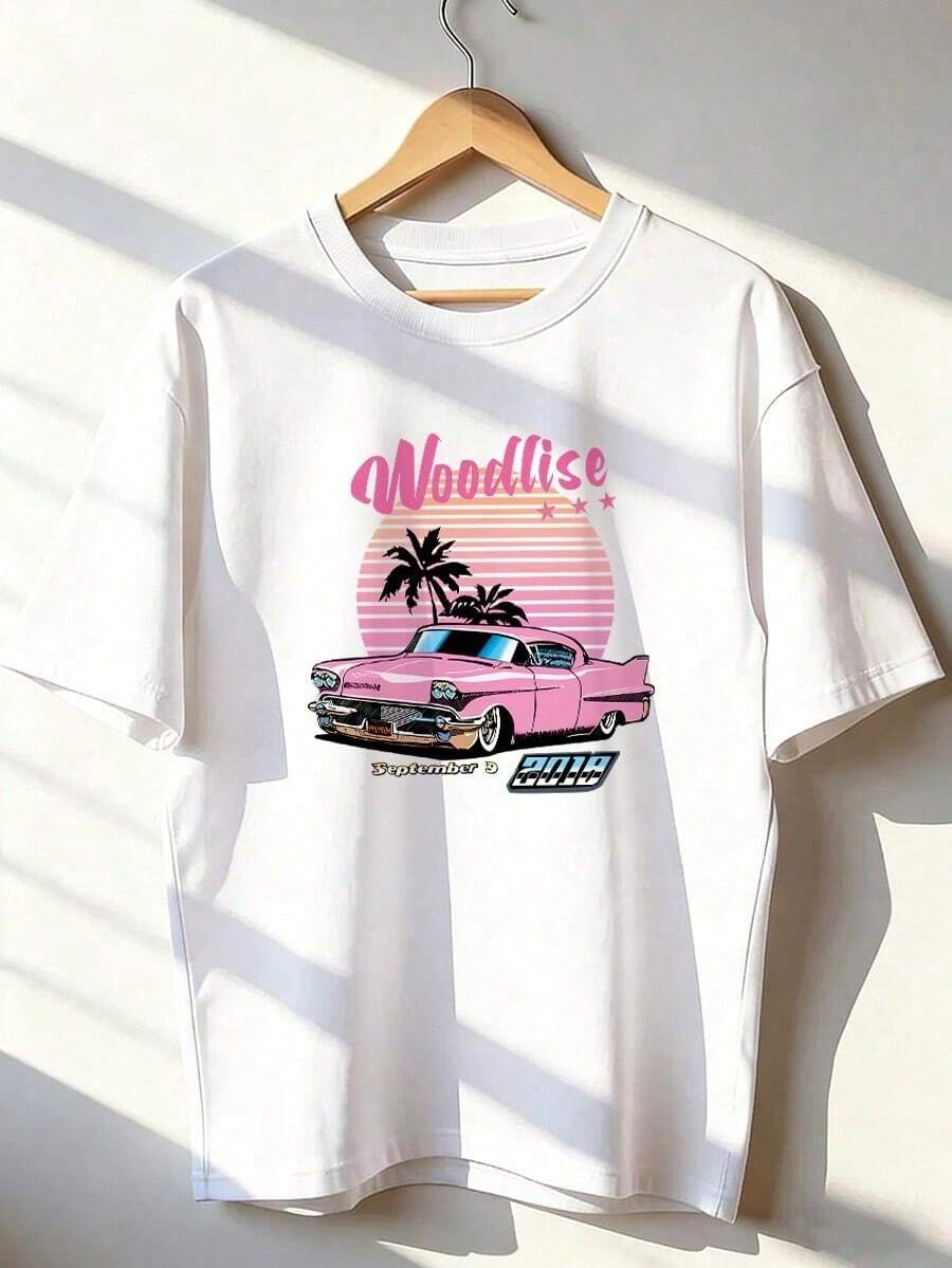 Pink Classic Car And Sunset Palm Tree T-Shirt, Fashionable Short-Sleeved T-Shirt For Spring And Summer 2026, Made In Mexico, 180 Grams. Cartoon Print, Couple Design, Suitable For Indoor Or Outdoor Wear. Crew Neck, Unisex, Ideal For Office And Leisure. One-Pack. - WH-P631577SLNDXZGY502 - 查看 1