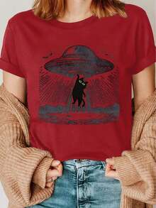 Playeras de mujer, camiseta de verano para mujer, camiseta casual elegante con estampado vintage de gato negro UFO, cuello redondo, para primavera/verano, camiseta versátil de estilo vintage - Rojo - View 6