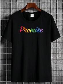 T-Shirt With God's Promise Bible Verse And Rainbow For Men And Women - White Christian Faith Clothing With Rainbow Lettering, Pink Purple Yellow Rose Print, Casual Church Wear, Unisex Short Sleeve - 黑色 - 查看 1