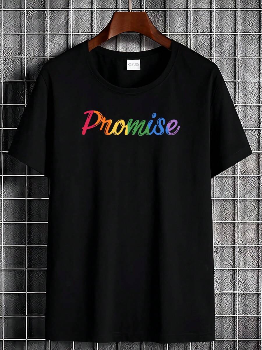T-Shirt With God's Promise Bible Verse And Rainbow For Men And Women - White Christian Faith Clothing With Rainbow Lettering, Pink Purple Yellow Rose Print, Casual Church Wear, Unisex Short Sleeve - 黑色 - 查看 1