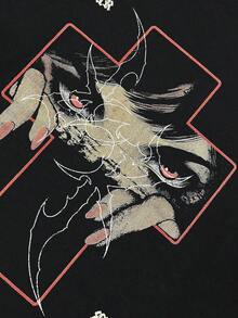 Camiseta de manga corta para hombre con estampado gráfico de diablo de dibujos animados vintage, estilo gótico oscuro, punk, holgada, estilo urbano. - Negro - Ver 5