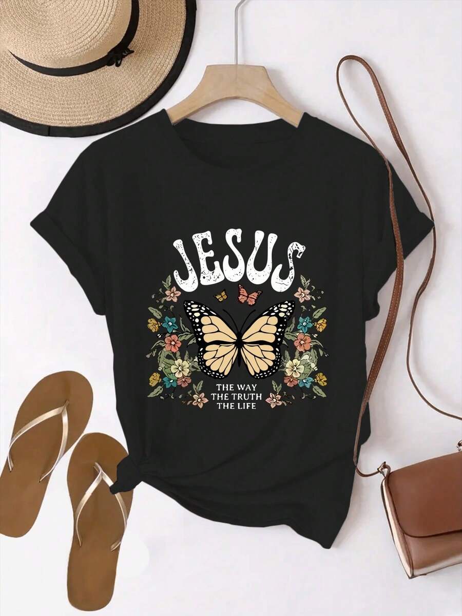 Letter Print T-Shirt, Short Sleeves And Round Neck, Casual Top For Summer And Spring, Women's Clothing - Black - View 1