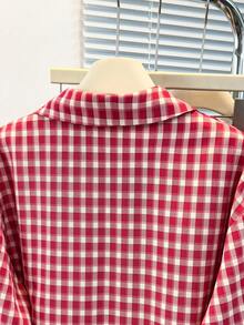 Áo sơ mi nữ dài tay kẻ caro xanh dương, chất liệu polyester, kiểu dáng thường ngày. - Đỏ - Xem 7