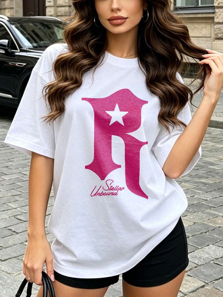 Women's Summer Casual Soft Round Neck Short Sleeve T-Shirt,The Star Letter R Print Graphic Is Suitable For Daily Wear In Spring And Summer.White - White - View 1