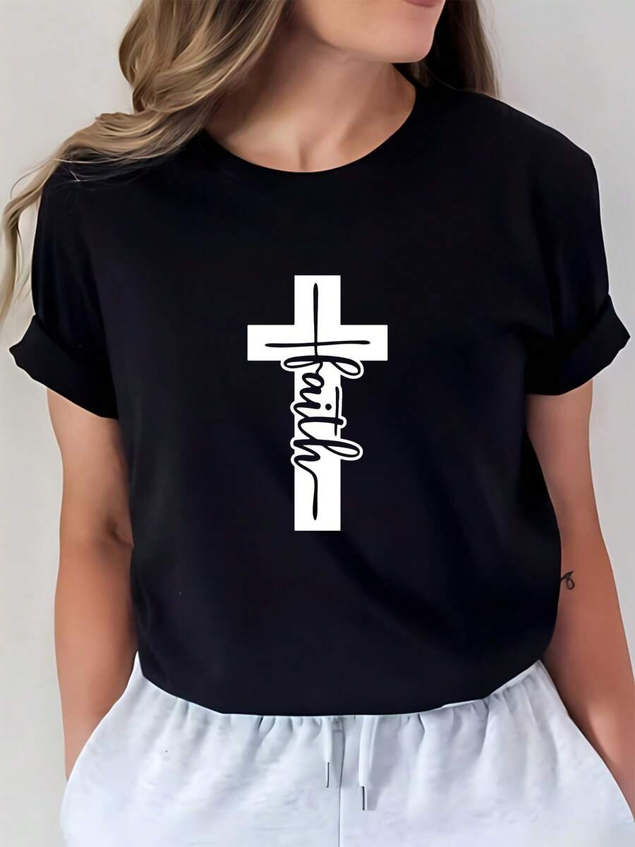 Camiseta de moda 100% algodón con patrón de cruz en G - el regalo perfecto para reuniones familiares e iglesianas, ideal para celebraciones de Pascua y uso casual. Camiseta de mujer de color sólido simple, corte holgado y ajustado, manga corta casual. - Negro - Ver 1