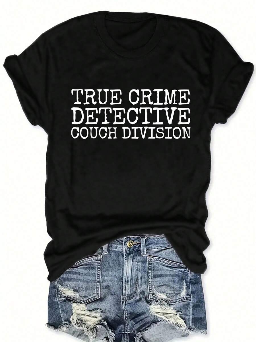 Plus Size - Plus Size - Women's Summer Short Sleeve T-Shirt With A Modern The TRUE CRIME DETECTIVE COUCH DIVISION Print, Perfect For Casual Wear - 黑色 - 查看 1
