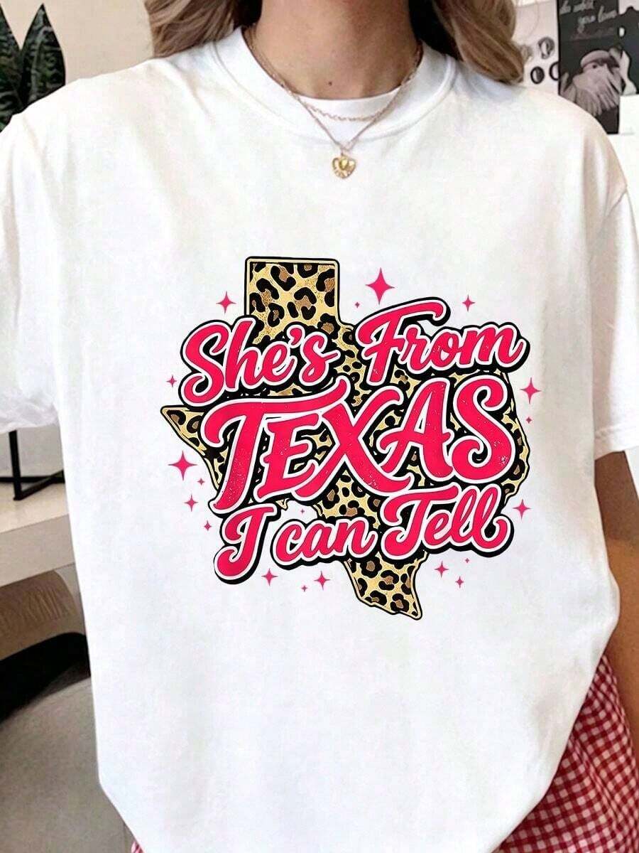 Mexican, She's From Texas, I Can Tell, Retro Vintage Texas Girl T-Shirt, Casual Summer Graphic Tee For Women, Summer Cotton T-Shirt. - 白色 - 查看 1