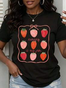 Under The Radar - "Nursing Is My Jam" Strawberry Print T-Shirt For Nurses, Funny Gift For Healthcare Workers, Casual Summer Wear - Vintage Urban Style, Unisex, Cotton, Short Sleeve, Crew Neck - 黑色 - 查看 7