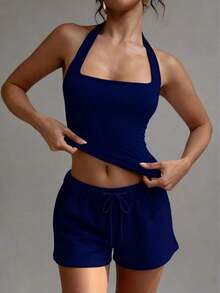 Camiseta sin espalda sexy, top de verano con cuello cuadrado elástico, ajuste casual y elegante para mujeres, color blanco - azul real - Ver 1