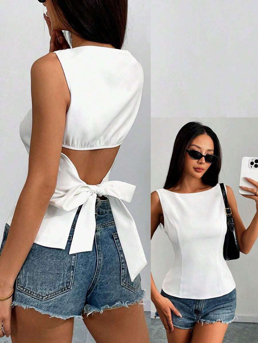 Camisa tipo camisola ajustada sin mangas con espalda abierta y lazo, unicolor.Elegante, informal, sexy y minimalista para oficina y negocio.Primavera/Verano - Blanco - Ver 1
