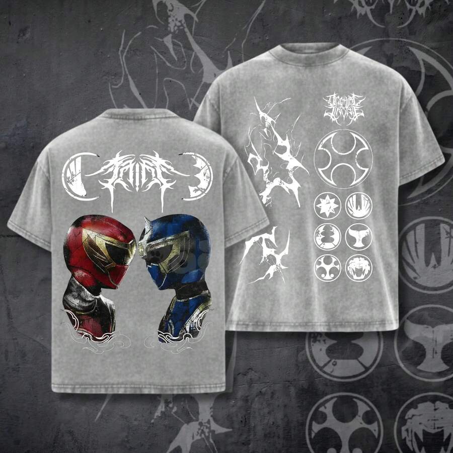 Vintage Oversize Anime Manga Washed Cotton Tee, 2026Ninja Storm Red V Navy Ranger Washed Tee, Power Ranger Storm Navy Thunder Ranger Tee - Grey - View 1