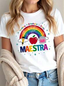 Women's Cotton T-Shirt. Rainbow Teacher Style T-Shirt, Made Of Soft Cotton, Loose Fit, Breathable, Urban Hip-Hop Style, With A Striking Print. Crew Neck. 100% Cotton. Soft Fabric. Short Sleeves. - 白色的 - 查看 1